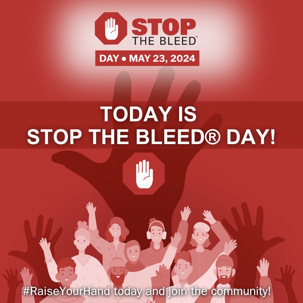StopTheBleed's tweet photo. It’s finally here! Happy #STOPTHEBLEED Day everyone! Be sure to #raiseyourhand today and visit https://t.co/CdNTQz8ZhW to find out how you can get involved today. #savealife https://t.co/UAPXyfjIqb