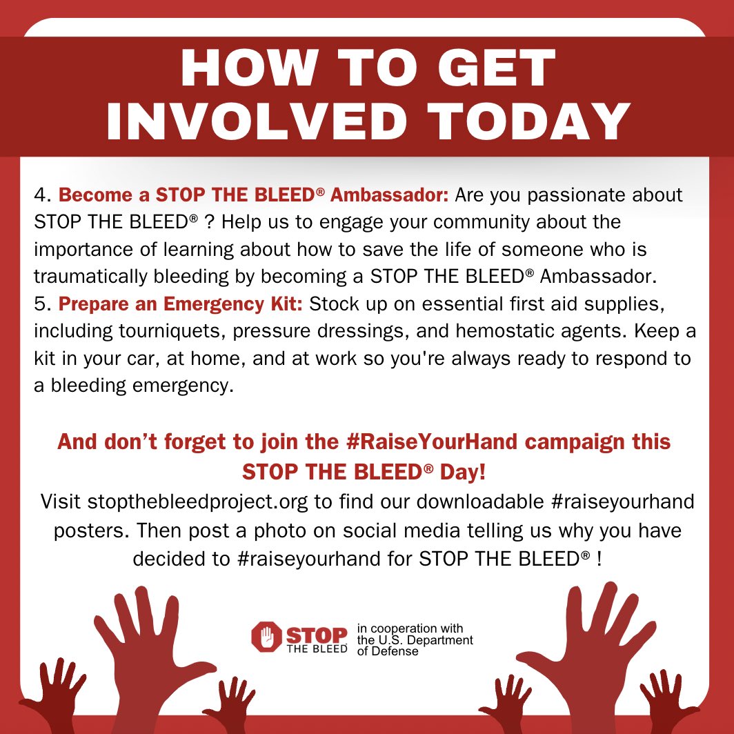 It’s finally here! Happy #STOPTHEBLEED Day everyone! Be sure to #raiseyourhand today and visit stopthebleedproject.org to find out how you can get involved today. #savealife