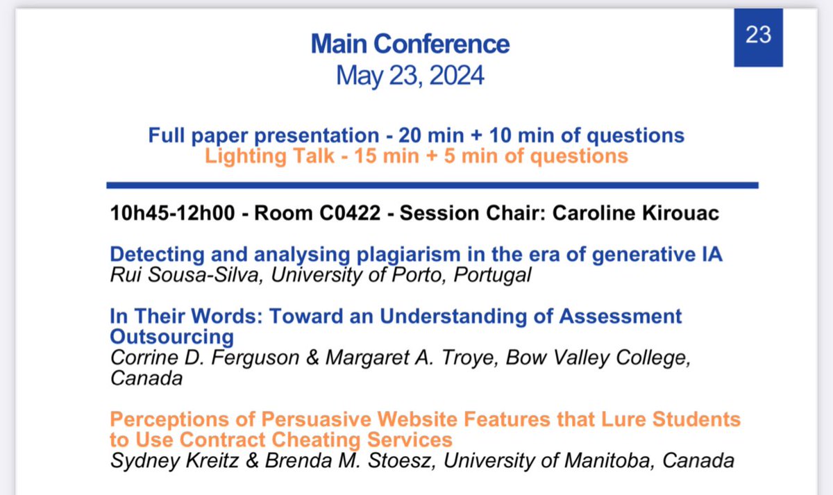 The question is, which parallel session on #genAI and #academicintegrity do I want to attend? I’ll choose this one as it also has some #contractcheating