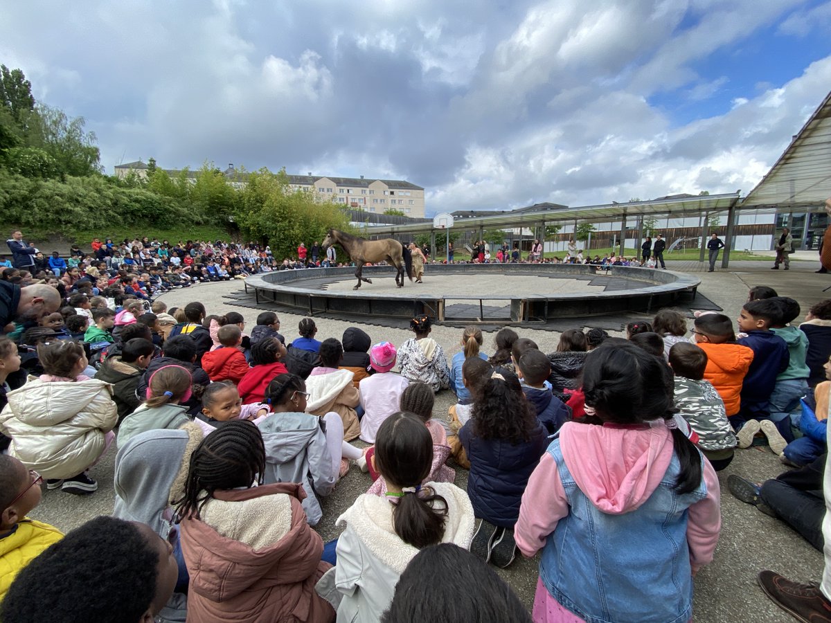 Coulaines's tweet photo. 🐎 Des chevaux (cie Lawen) et du cirque (cie Hold-up &amp; Co) dans les écoles Camus, Braque et Molière dans le cadre du #CLEAC ! Cette convention vise à promouvoir l'éducation artistique et culturelle, pour le plus grand bonheur des élèves de @Coulaines 🤩 https://t.co/uyqdn4171k
