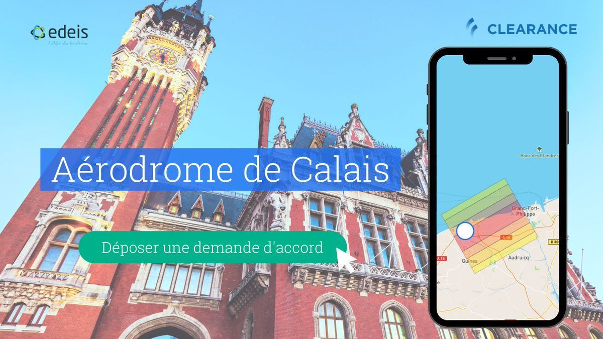 L'aérodrome de Calais rejoint la plateforme #Clearance ! 🎊 
Soumettez vos demandes de vol en toute simplicité, directement via notre appli. Un clic, et c'est fait ! ✈️ 

#télépilote #espaceaérien #Calais #aérodromeCalais #voldedrone #autorisationdrone #drone #pilotedrone #Edeis