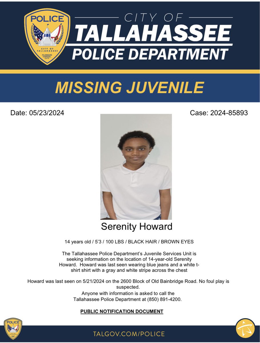 Please share to help locate this missing juvenile. If you have information regarding Serenity’s whereabouts, please call TPD at 850-891-4200.