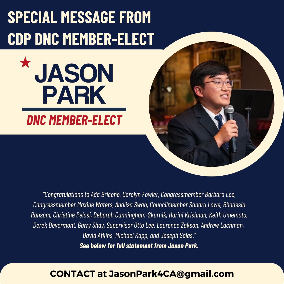 JasonPark4CA's tweet image. STATEMENT | Thank you, #California Democrats!
SAN JOSE, CA: On May 18th, Jason Isaac Park became the first #GenZ person in our State's history to be elected directly onto the @DNC by the California Democratic Party as a Four-Year Term Member. 🧵