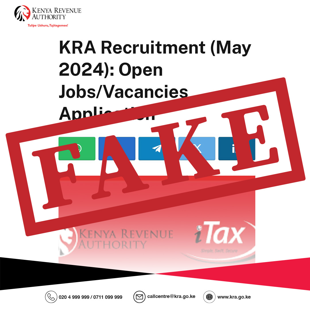 Attention job seekers! ⚠️ Kindly note that KRA only posts job vacancies on our official website here kra.go.ke/careers We also do not charge for job applications. 🚫 Beware of fraudsters. #IkoKaziKE #KRACareers