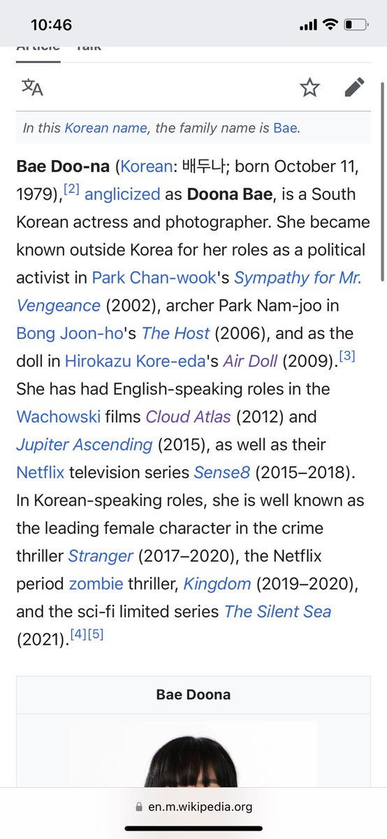 bae doona’s projects are so goals 😭 park chanwook, bong joong ho, and hirokazu koreda. and she starred in “linda linda linda”. oh and she also starred in english, japanese, and korean films and series.