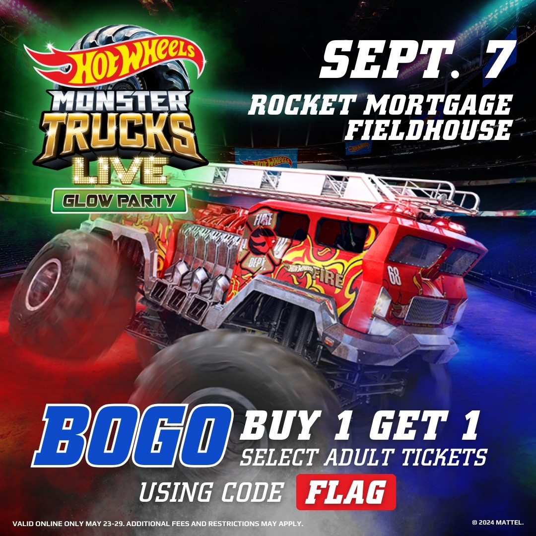 Use code FLAG this weekend to score BOGO select Adult Tickets for Hot Wheels Monsters Trucks Live Glow Party at Rocket Mortgage FieldHouse! 🔥 🎟: bit.ly/3T2jTai