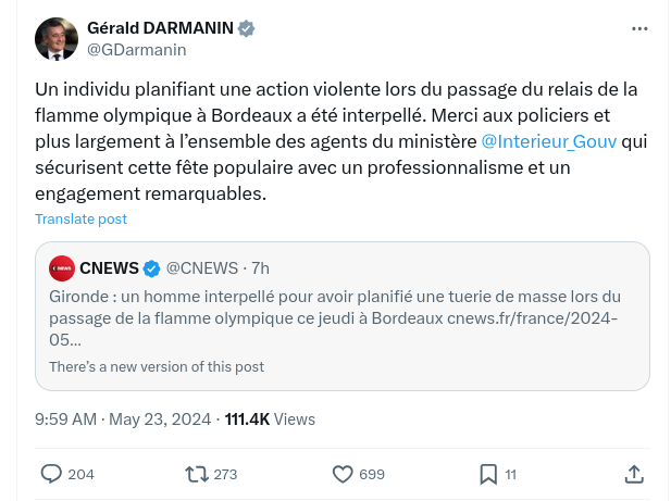 Premier constat à propos du récit médiatique fait de l'attentat masculiniste déjoué à Bordeaux: au lieu de parler de la sécurité des femmes, les médias tournent en boucle sur la sécurité de la flamme. Un seul homme responsable de cette manipulation d'attention & c'est @GDarmanin