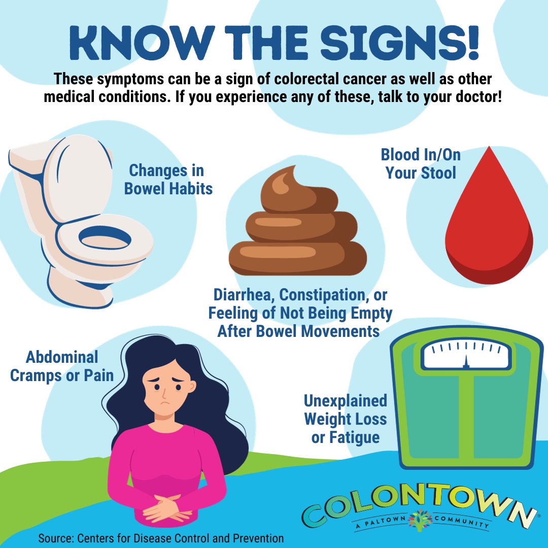 Do you know the signs of #colorectalcancer? If you are experiencing any of these symptoms, talk to your doctor!