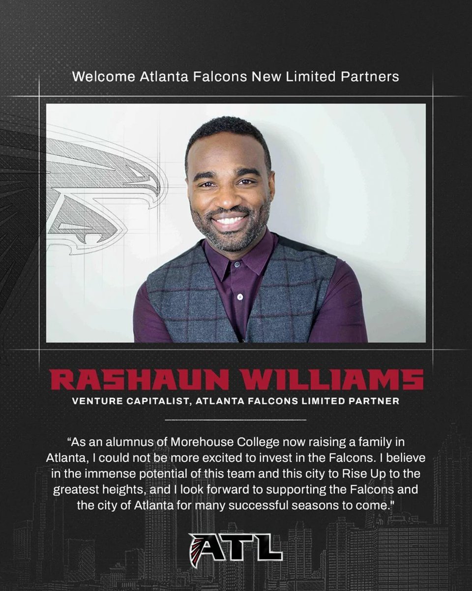 Arthur Blank, Atlanta Falcons owner & chairman, announced the addition of four new limited partners to the organization's ownership group including alumnus Rashaun Williams ’01. To learn more, click the link below: lp.morehouse.edu/rashaun-l.-wil…...