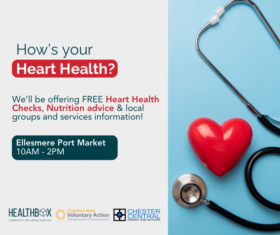 📅 Join #WeAreCWVA tomorrow at Ellesmere Port Market, Friday 24th May,  10am-12pm! 

Get FREE heart health checks, nutrition advice, and info on  local groups and services courtesy of the lovely folks at @HealthboxCIC. Don't miss out! 💖🍎 #HealthAndWellbeing #NeverMoreNeeded