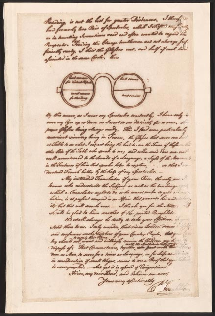 OTD in 1785, Benjamin Franklin wrote a letter proposing what we now call bifocal eyeglasses, with distance lenses on top and reading lenses on the bottom. 'I have only to move my eyes up or down, as I want to see distinctly far or near, the proper glasses being always ready.'