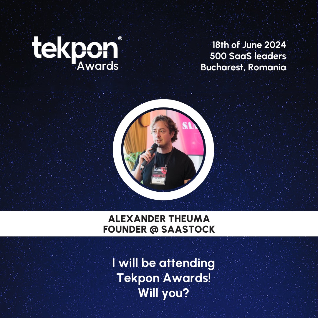 Excited to be attending the @Tekponcom SaaS Awards on 18th June with 500 SaaS Leaders. Alexandru Stan and Cristian Dina have a great pay it forward mindset and have contributed significantly to the European SaaS ecosystem through their endeavours with Tekpon and through