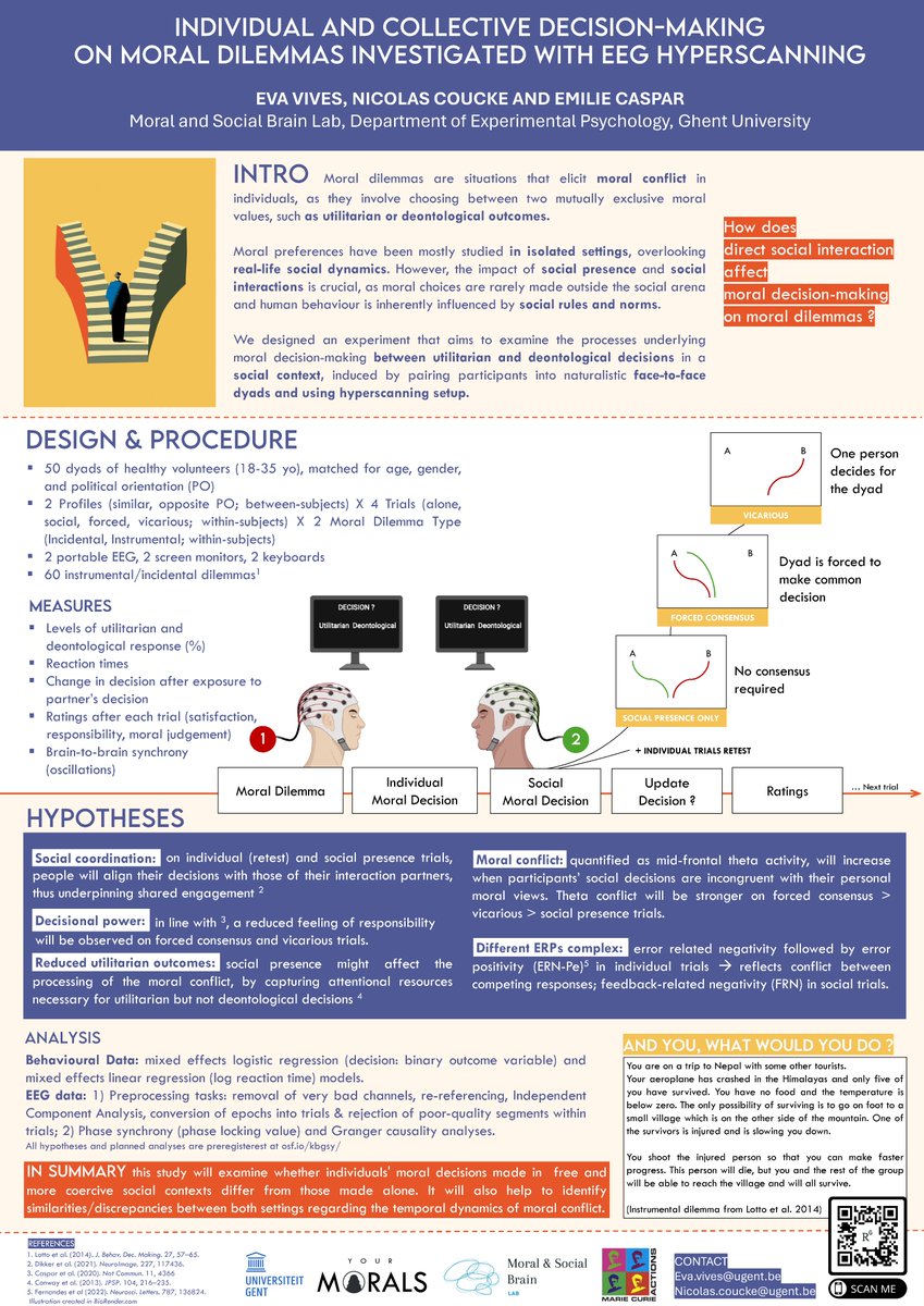 I had a great time presenting our next study at <a href="/escan2024/">escan2024 @ Ghent</a>. Thanks to all the colleagues who stopped by for all the feedback and questions!

This study will investigate the effects of social context on decisions to moral dilemmas, in face-to-face dyads,  using EEG hyperscanning.