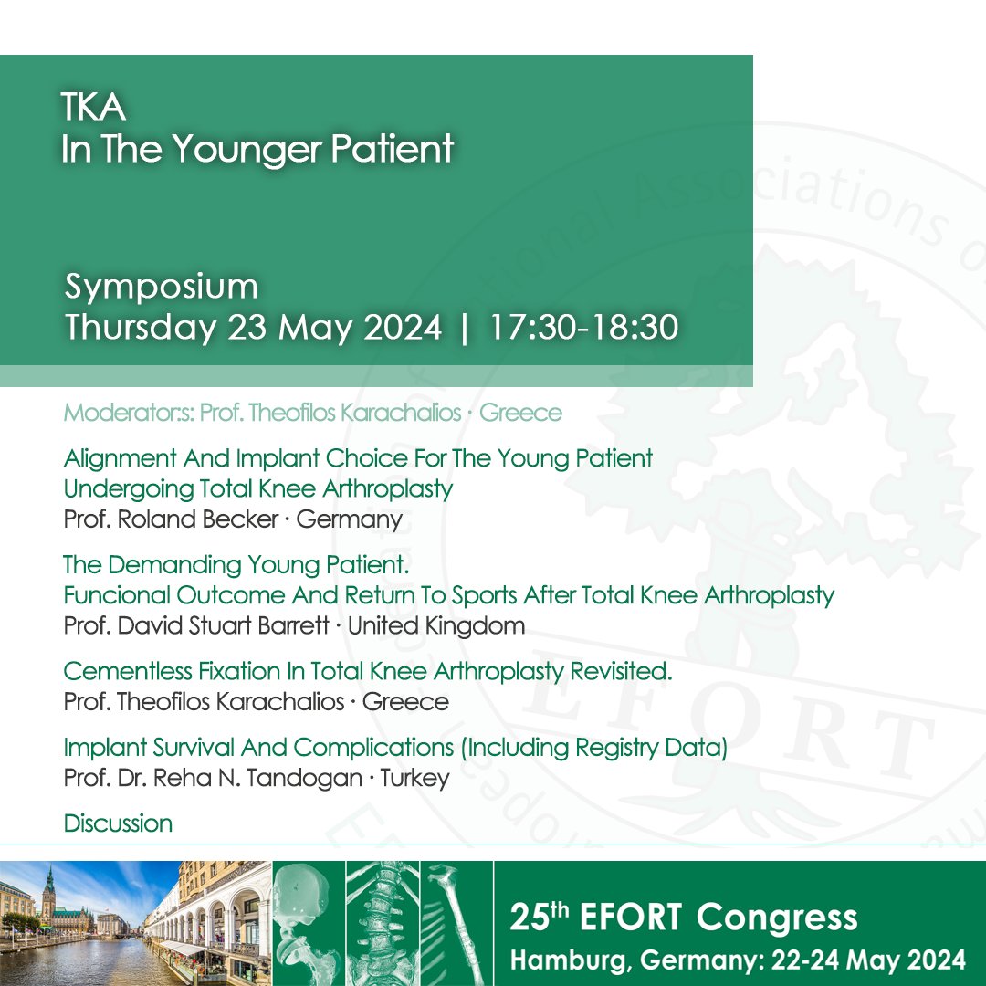 Close this second day of Congress with✴️#TKA In The Younger Patient Symposium at 17:30 today during #EFORT2024 
#knee #arthroplasty #totalkneearthroplasty #implant #kneeimplant #registries #orthopaedics #orthopedics #surgery