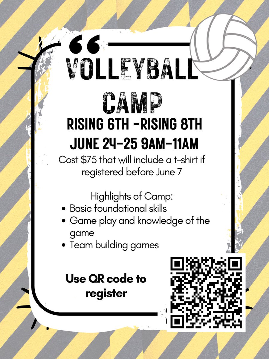 Elementary and Middle School volleyball camp! @ Princeton HS Deacon Jones Gym. Make sure you sign up for the appropriate camp! 💙🏐💛