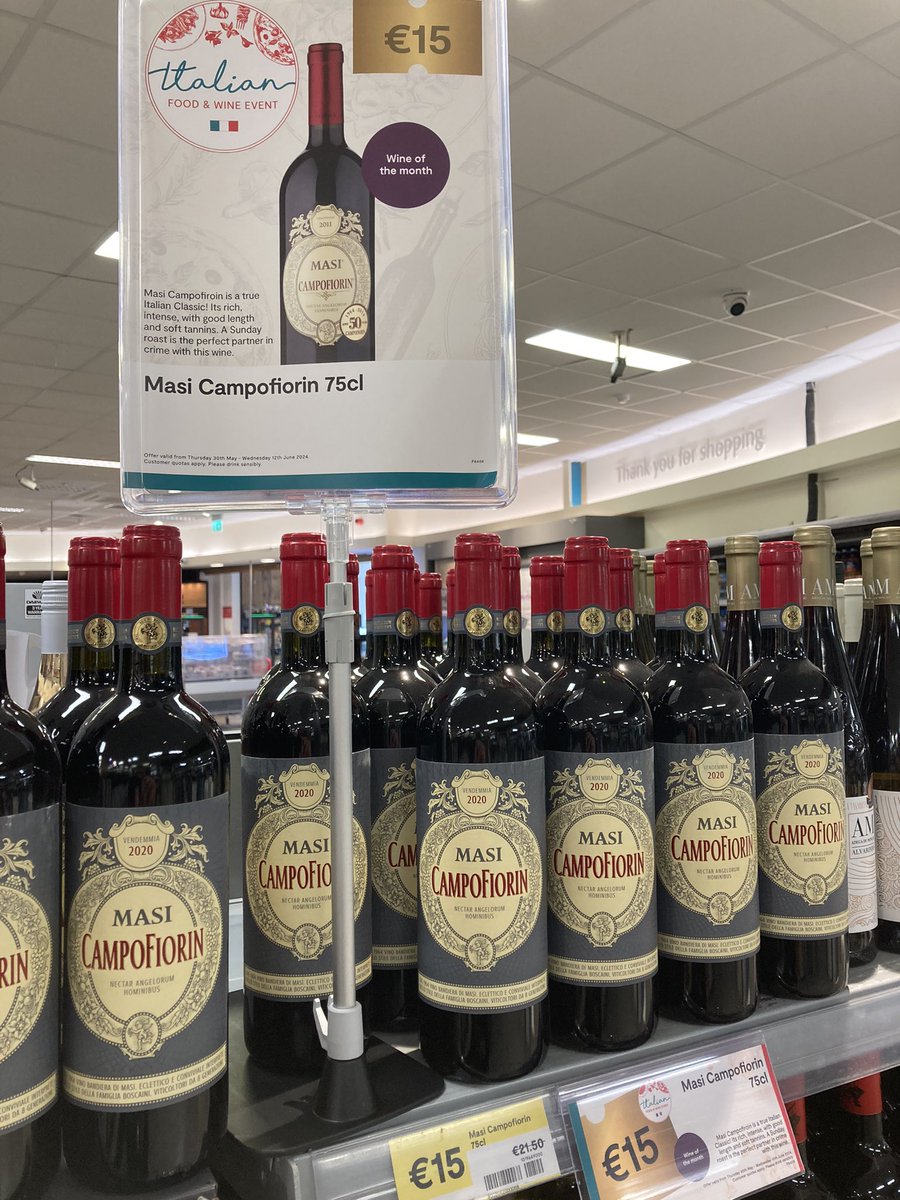 @ocallaghan74 @SuperValuIRL @smullenj At Fays Super Valu Oranmore Galway . Our wine 🍷 of the Month . Masi Campofiorin is a true Italian classic. Please drink sensibly .