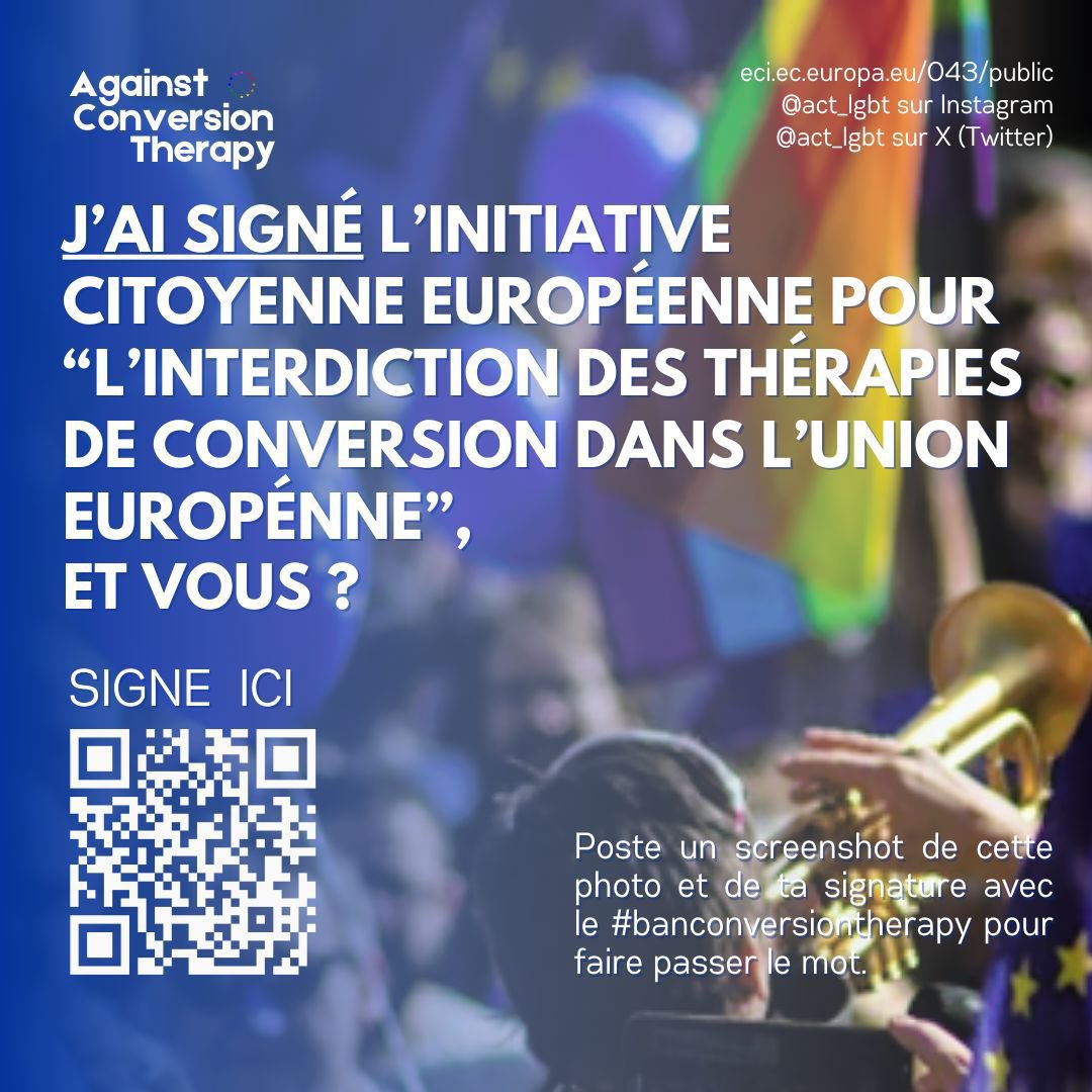 J'ai signé l'Initiative Citoyenne Européenne contre les thérapies de conversion, des pratiques discriminatoires, honteuses qui doivent être bannies. L’Europe doit défendre les droits des personnes LGBTQI+ ! #RienÀSoigner #banconversiontherapy Signez : eci.ec.europa.eu/043/public/#/s…