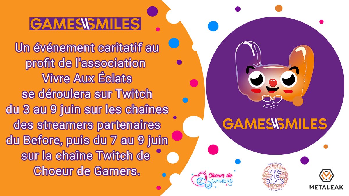 choeurdegamers's tweet photo. 📢#games4smiles🎮

L'évent caritatif de gaming solidaire organisé pour VIVRE AUX ECLATS en partenariat avec @teammetaleak se déroulera sur Twitch du 3 au 9 juin sur les chaînes des streamers partenaires du "BEFORE" puis du 7 au 9 juin sur notre chaîne https://t.co/jfZQHoLT6J
💙🩷 https://t.co/01IFEnQgCQ