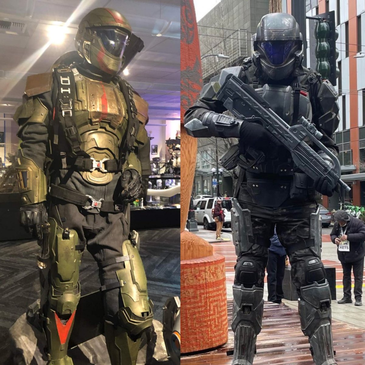 On the left is Halo nightfall ODST suit that is at the Halo museum, on the Right is @offearth3d in his November Black ODST polyurethane rubber suit. 
#HaloSpotlight