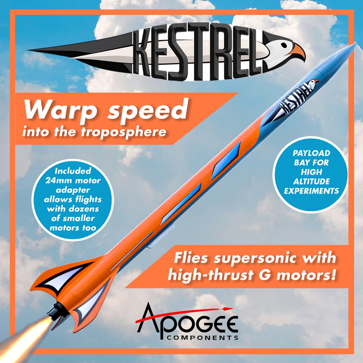 ApogeeRockets's tweet photo. Bust 3000 feet with 29mm diameter F-power and 4000 feet with G-motors! Purchase your Kestrel model rocket kit today! https://t.co/pufvb0sjMd

#apogee #rocket #modelrockets #modelrocketry #rocketry #rocketeer #science #scienceisfun #scienceiscool #fyp #foryourpage #foryou https://t.co/fMglOdrWvx