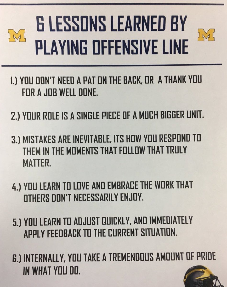 I saw this and just had to repost it (I wish I knew who to give the credit to!). Reading these six lessons learned from playing offensive line resonates deeply with me; I was an offensive tackle in my high school days and took deep pride in what I did and how I helped my team.
