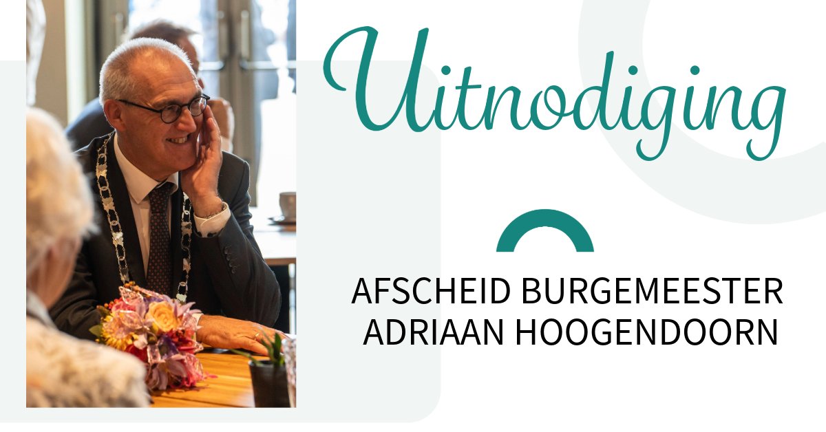 Middengroningen's tweet photo. Uitnodiging afscheid burgemeester Adriaan Hoogendoorn

Na een indrukwekkende loopbaan van bijna 50 jaar zet hij een punt achter zijn carrière. Je bent welkom op donderdag 4 juli tussen 16-18 uur in het Huis van Cultuur en Bestuur. Aanmelden kan via: https://t.co/RIu8ZVkBBa https://t.co/x6DnJIKKcN
