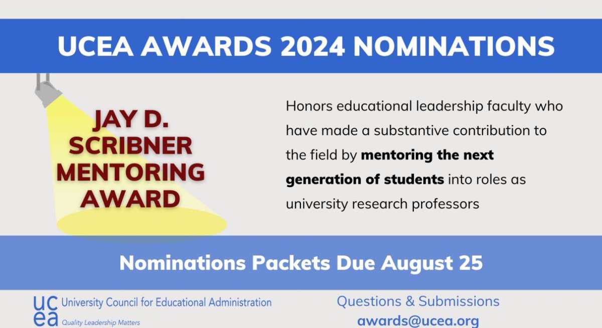 #UCEA24 Awards are open for nominations!
Have a colleague who is a #UCEAwesome mentor to junior scholars?  Check out the Jay D. Scribner Mentoring Award for them! #LeadershipMatters 
For more information: lnkd.in/gU9JsecJ