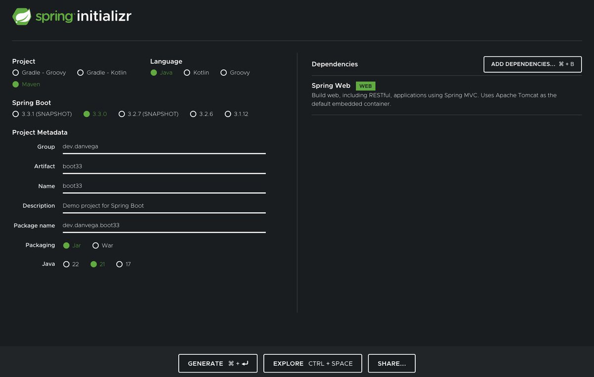 Dan Vega (@therealdanvega) on Twitter photo Spring Initializr 🤝 Spring Boot 3.3 Spring Initializr 🤝 Spring Boot 3.3