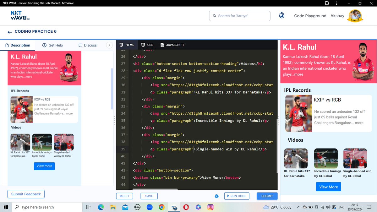 Day 35 of #learning in NxtWave
I Accomplish My #LearningProgress...

Coding Practices....
My Today's Task : To Build a cricketer's page by using HTML & CSS (Bootstrap).

#NxtWave
#CSS
#HTML
#Programming
#WebDevelopment
#Coding
#JavaScript
#CCBPian
#BootStrap