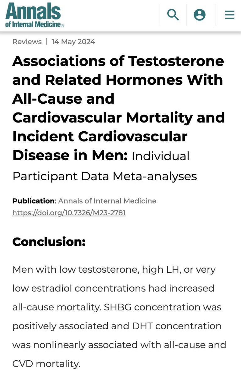 levelsio's tweet image. Low testosterone might actually kill you:

"Men with low testosterone had increased all-cause mortaility"

Most men don't get tested for it and there is an epidemic of low testosterone now with levels dropping for decades in men:

"There was a highly significant age-independent