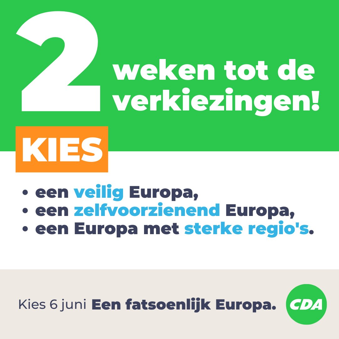 ⏰ Nog 2 weken tot de #EuropeseVerkiezingen!

Kies een Europa dat zijn inwoners en waarden beschermt, zelf produceert wat het écht nodig heeft en zijn regio's laat bloeien.

Kies #EenFatsoenlijkEuropa. 🇪🇺
Kies 6 juni #CDA! 🗳️