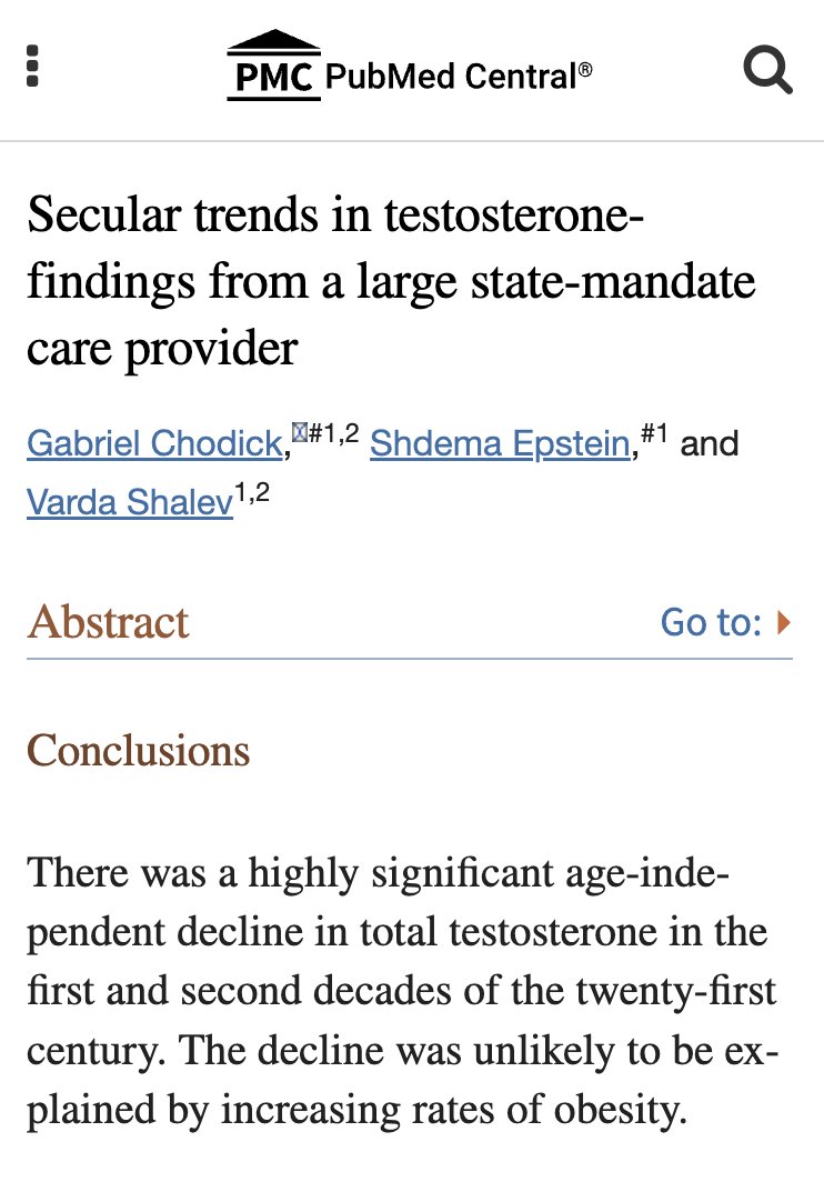 levelsio's tweet image. Low testosterone might actually kill you:

"Men with low testosterone had increased all-cause mortaility"

Most men don't get tested for it and there is an epidemic of low testosterone now with levels dropping for decades in men:

"There was a highly significant age-independent