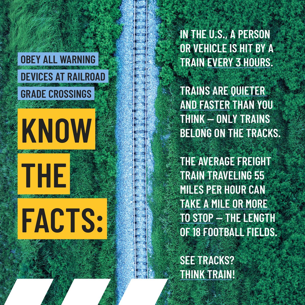 KNOW THE FACTS: Obey all warning devices at railroad grade crossings. Find #RailSafetyEducation resources and more at oli.org #STOPTrackTragedies #SeeTracksThinkTrain