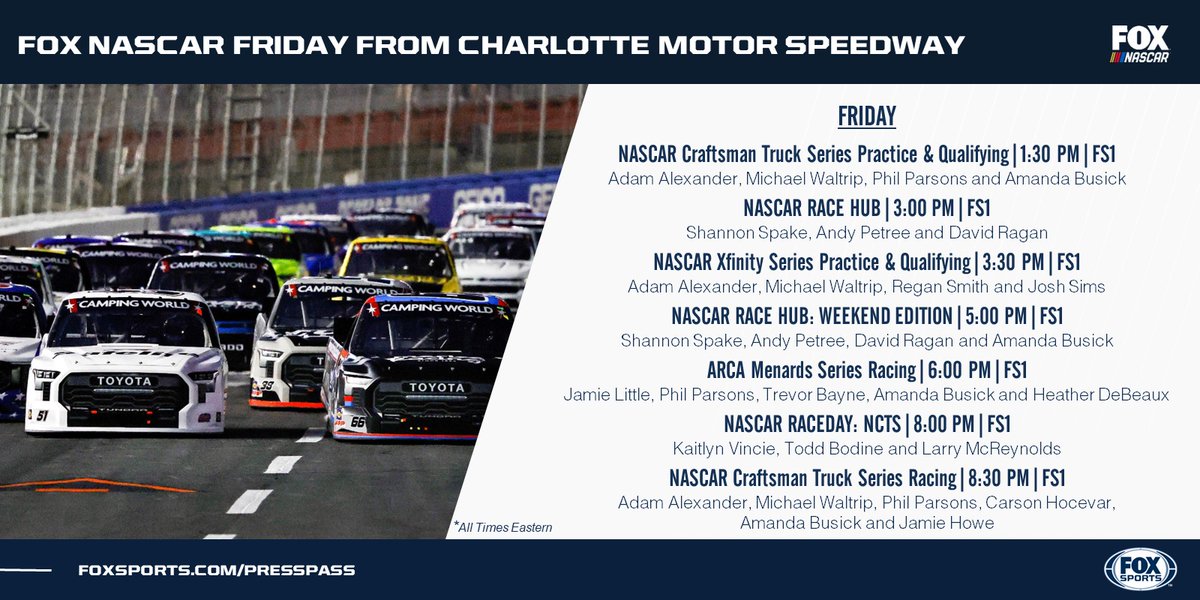A packed Memorial Day Weekend of racing at <a href="/CLTMotorSpdwy/">Charlotte Motor Speedway</a> begins Friday with a full day of on-track activity, highlighted by a <a href="/NASCAR_Trucks/">NASCAR CRAFTSMAN Trucks</a> and <a href="/ARCA_Racing/">ARCA Menards Series</a> doubleheader.

@NASCARonFOX