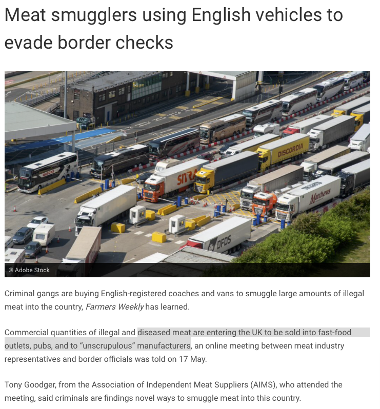 Oh look ! “They buy old English coaches and load them full of illegal meat knowing they won’t get stopped, then sell diseased meat to fast-food outlets, pubs, and “unscrupulous manufacturers”👇 Well yes, they would when you keep dithering about really 'controlling your borders'