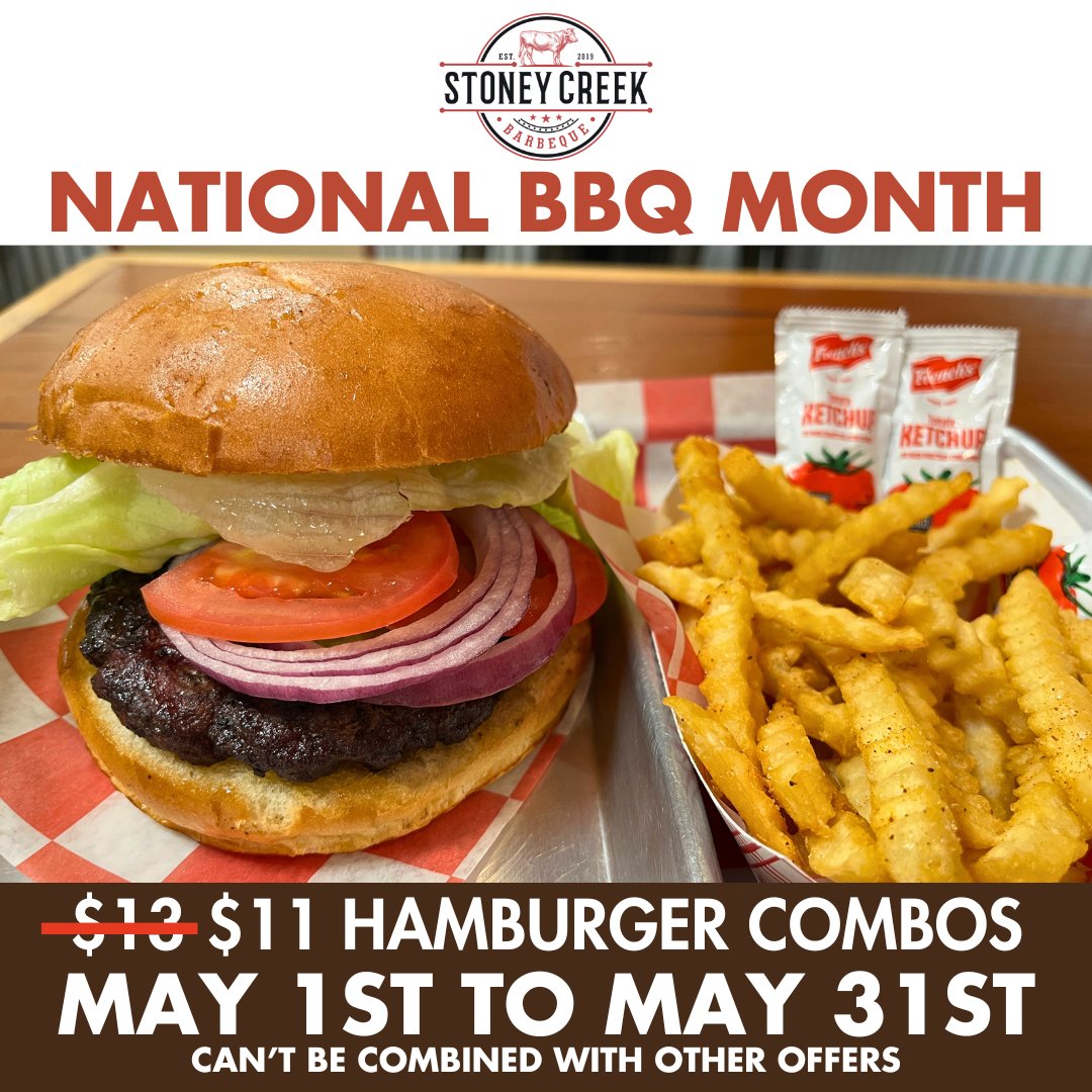 It's National BBQ Month! To celebrate, we're taking $2 OFF ALL of our Burger Combos! Get a delicious Hamburger with a side and a drink for only $11!!! #StoneyCreekBBQ #Porterville #BBQ #NationalBBQMonth #Hamburger #Burger #LowAndSlow #WorthTheDrive