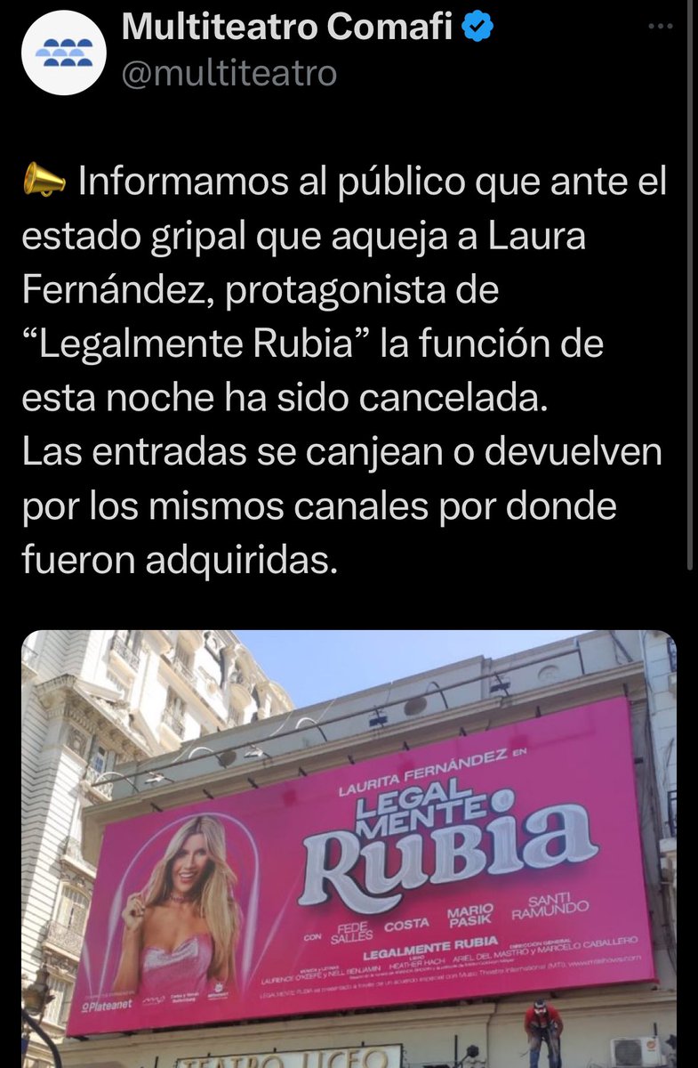 🎭🚨 ATENCIÓN!!
<a href="/laufer4/">Laurita Fernández</a> ENGRIPADA!
#LegalmenteRubia suspende la función de hoy Jueves!
Cc <a href="/multiteatro/">Multiteatro</a>