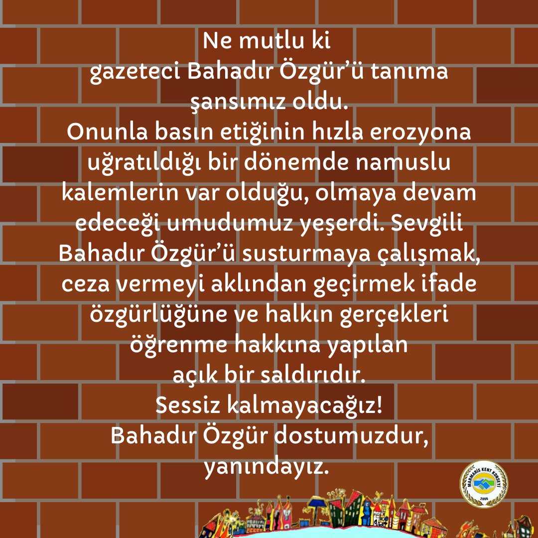 Ne mutlu ki gazeteci Bahadır Özgür’ü tanıma şansımız oldu. Sevgili @bahadir_ozgr'ü susturmaya çalışmak, ceza vermeyi aklından geçirmek ifade özgürlüğüne ve halkın gerçekleri öğrenme hakkına yapılan açık bir saldırıdır. Sessiz kalmayacağız! Bahadır Özgür dostumuzdur, yanındayız.