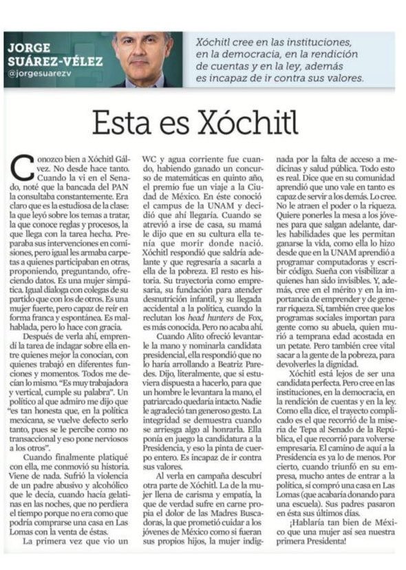CSaizar's tweet image. «Xóchitl está lejos de ser una candidata perfecta. Pero cree en las instituciones, en la democracia, en la rendición de cuentas y en la ley.»
@jorgesuarezv 

Y por estas razones, yo, @CSaizar, voy a votar por @XochitlGalvez para Presidenta de México.

#XochitlGálvezPresidenta