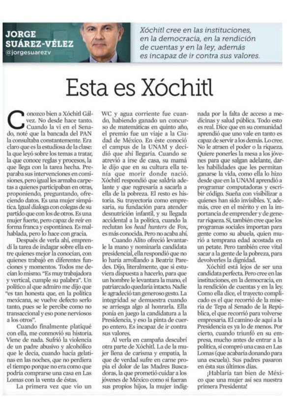 «Xóchitl está lejos de ser una candidata perfecta. Pero cree en las instituciones, en la democracia, en la rendición de cuentas y en la ley.» @jorgesuarezv Y por estas razones, yo, @CSaizar, voy a votar por @XochitlGalvez para Presidenta de México. #XochitlGálvezPresidenta