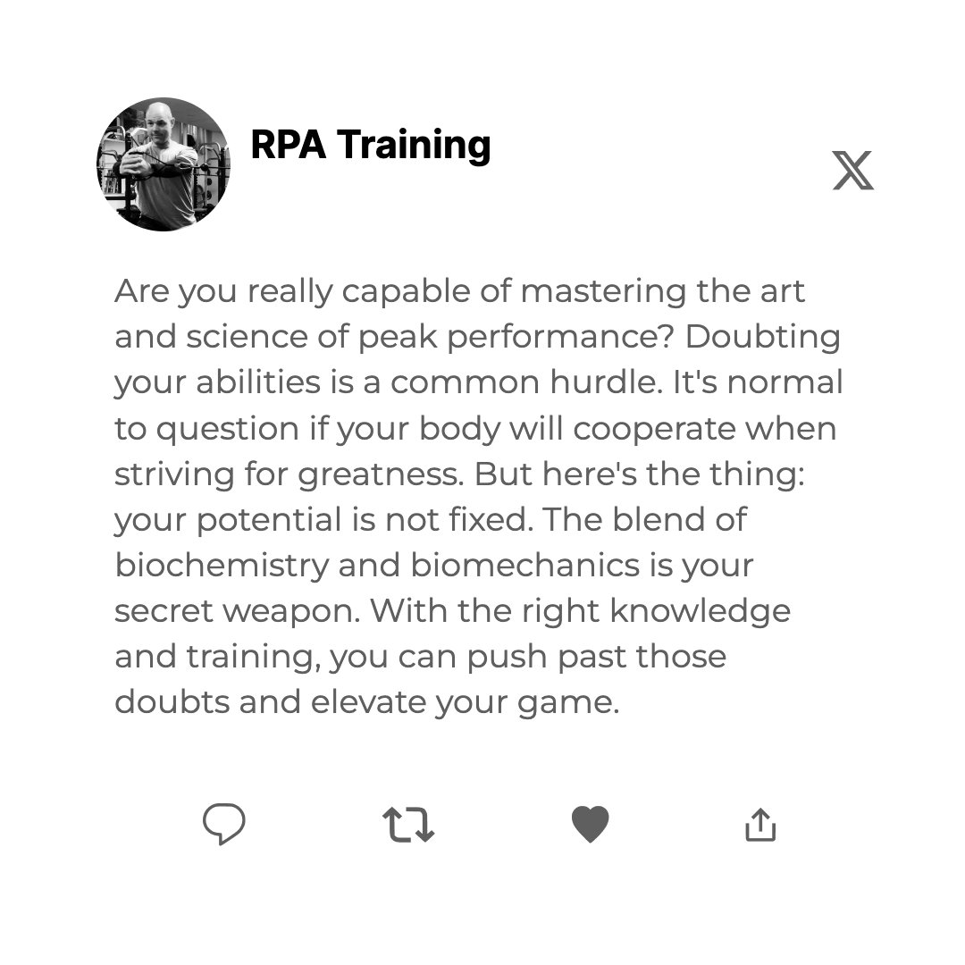 Believe in the power of personalized athlete development. Your journey to excellence awaits. Visit RPATraining.pro and let's unlock your peak performance together. #AthleteDevelopment #Biochemistry #Biomechanics #AthleteAccelerator #OffSeasonTraining #SportsNutrition