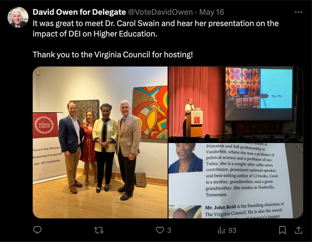 Last week, GOP Del. @VoteDavidOwen attended an event with Dr. Carol Swain -- best known as a right-wing Black voice who argues that racism does not exist in America. 

Swain has compared the BLM movement to the Ku Klux Klan. Does Owen share that view?
#VAleg #VApol