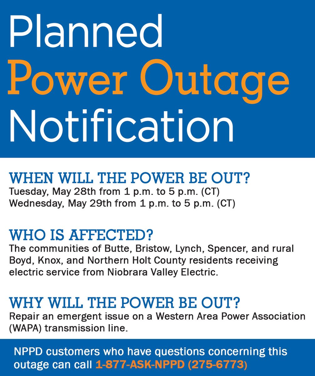 ‼️ NOTICE ‼️ The second date of the planned outage, initially scheduled for May 31st, will now take place May 29th due to a change in the Western Area Power Association (WAPA) schedule. #NPPD #PublicPower