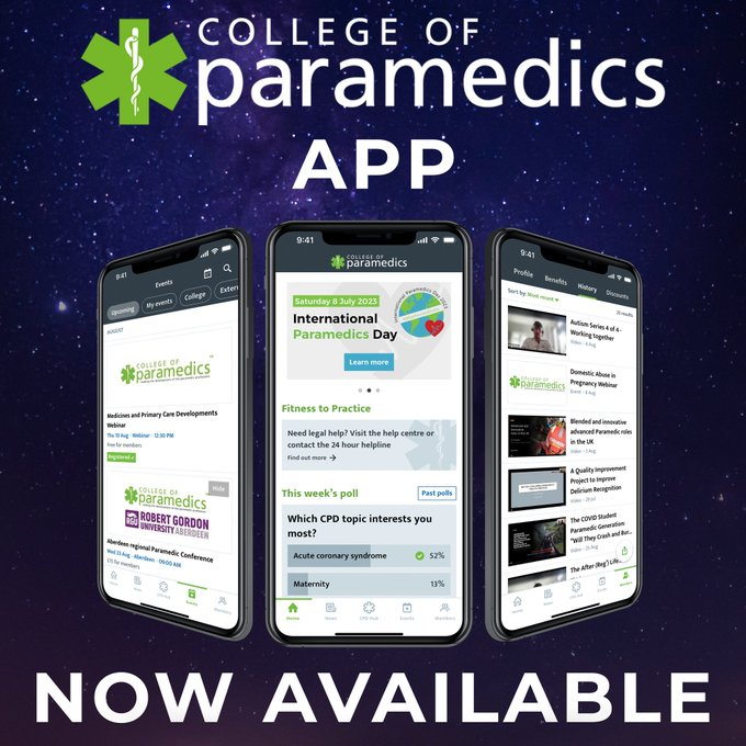 AACE_org's tweet photo. The @ParamedicsUK App is now available!
All College of #Paramedics members have free, full access to the App.
Read more and download at https://t.co/9DzAJc2RP5
#ParamedicsUK #CoPApp #ParaCon24 #NatCon24 https://t.co/wQb0QB4Gst