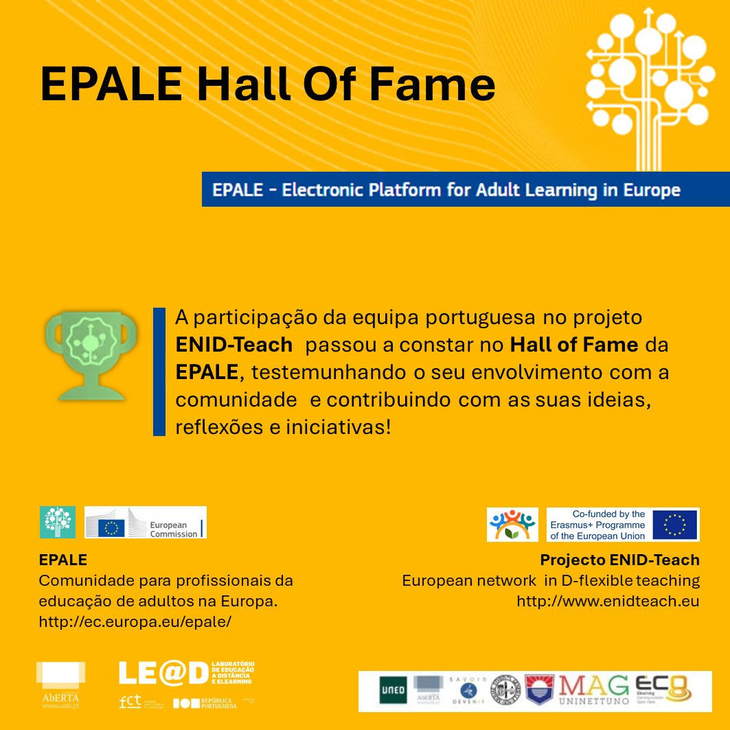 joaoppinto's tweet photo. A participação da equipa portuguesa no projeto ENID-Teach passou a constar no Hall of Fame da EPALE, testemunhando o seu envolvimento com a comunidade  e contribuindo com as suas ideias, reflexões e iniciativas!

#enidteachproject  #ReCoin_Tad #UAb #LEAD #AdultLearning https://t.co/Vb1H5k2Jyv