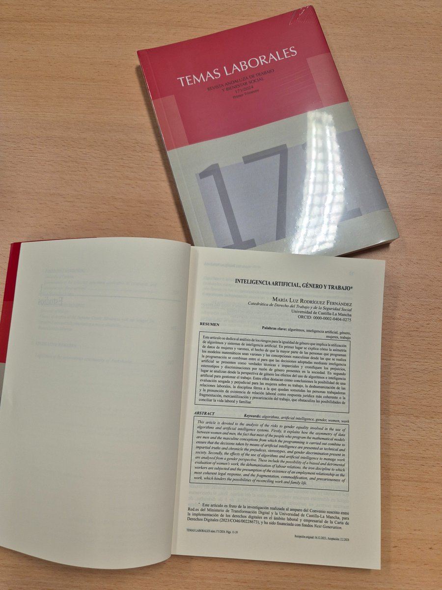 Muy contenta de ver publicado en papel mi artículo 'Inteligencia artificial, género y trabajo' en Temas Laborales 171 (2024): 11-39. Espero que os resulte de interés!