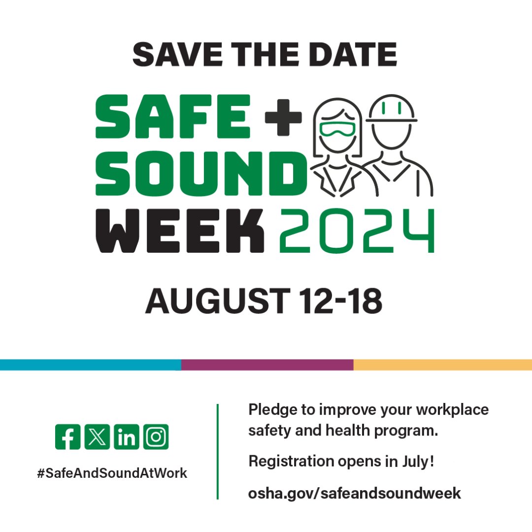 Safe + Sound Week is a nationwide event held in August to share ideas on keeping workers safe, but we have resources to keep you #SafeAndSoundAtWork year-round! Visit our website to find them and learn more about 2024's event.👇 osha.gov/safeandsoundwe…