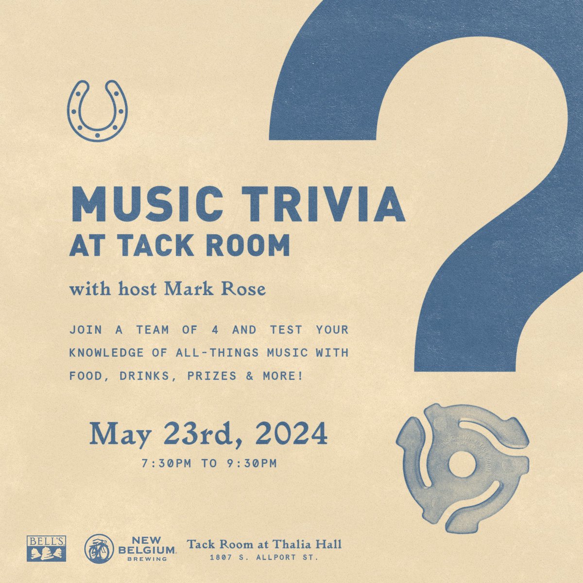 TONIGHT: Special music trivia event @ThaliaHallChi! 7:30pm @ the Tack Room. Teams up to 4 players. ⁉️