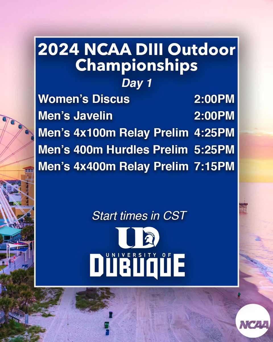 🏆CHAMPIONSHIP MEETDAY🏆

🏆 NCAA Division III Outdoor Track and Field Championships
🏟️ Doug Shaw Memorial Stadium
📍 Myrtle Beach, SC

📊 results.leonetiming.com/?mid=7114
🎥 ncaa.com/event/4520

#UDspartansTF 
#rollriversTF