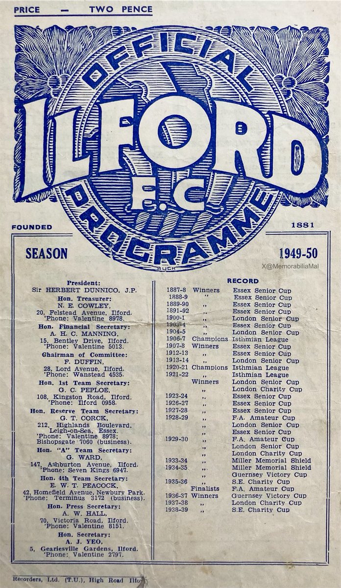 MemorabiliaMal's tweet photo. Ilford FC vs Clapton FC
Essex Thameside Trophy 8/9/49
#Ilford #Clapton #UpTheFoxes #TheTons
@IlfordFC1881 @ClaptonFootball https://t.co/4JgXBC16yu